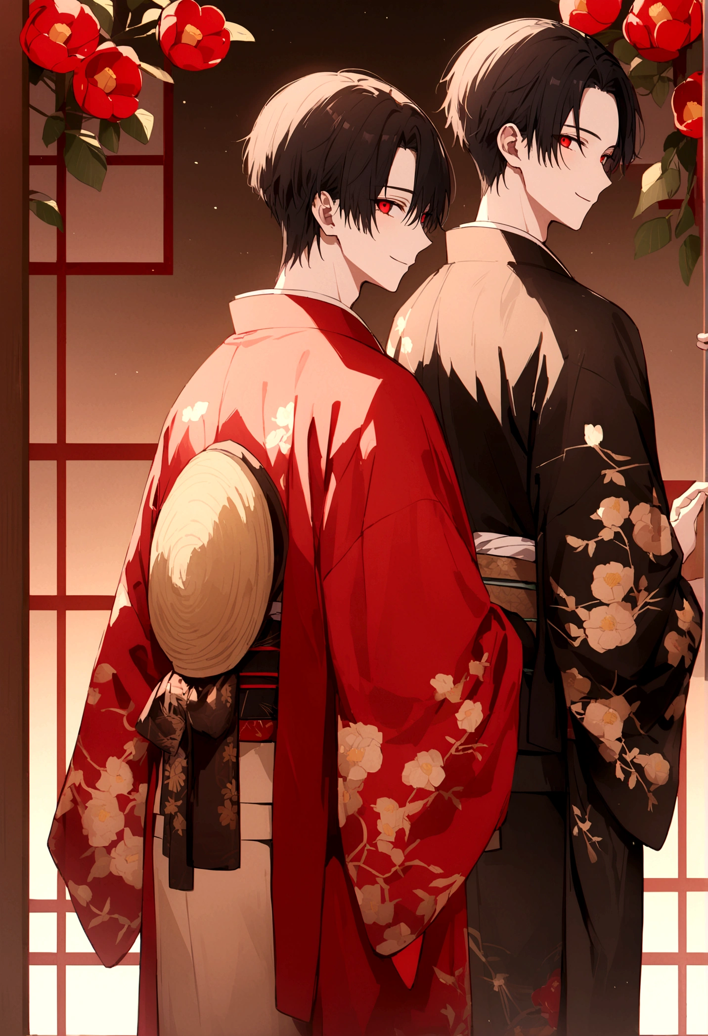 ((Red eyes))、引きつけるRed Eyes、smile、Crimson Eyes、Beautiful man、neutral、Black Hair、(Red Eyes)、Kimono with camellia pattern、smile、The nape is a little long、Serene atmosphere、beautiful、Are standing、ephemeral