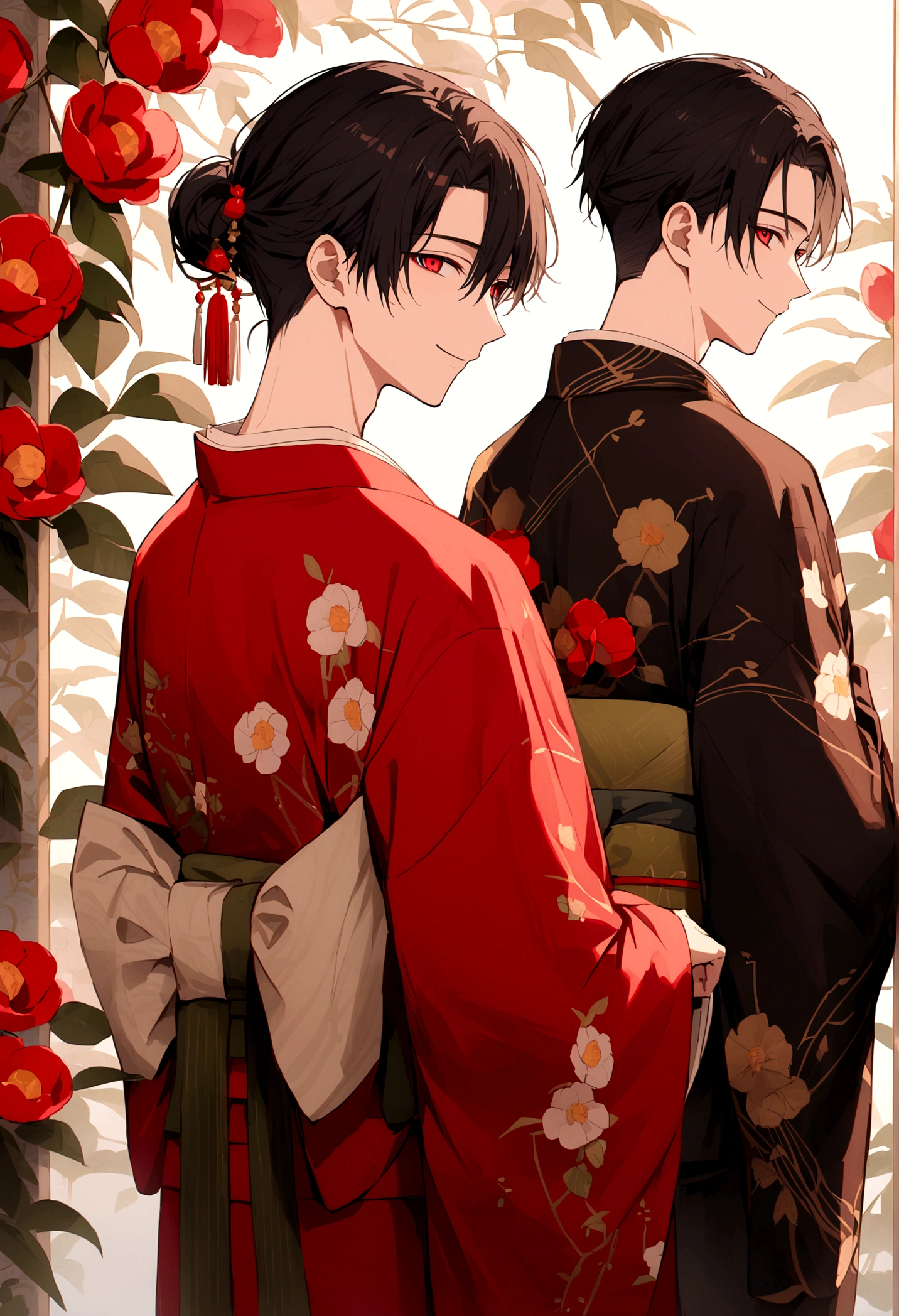 ((Red eyes))、引きつけるRed Eyes、smile、Crimson Eyes、Beautiful man、neutral、Black Hair、(Red Eyes)、Kimono with camellia pattern、smile、The nape is a little long、Serene atmosphere、beautiful、Are standing、ephemeral