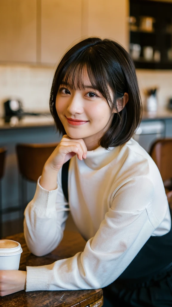 (Highest quality,masterpiece:1.3,Ultra-high resolution),(Very detailed,Caustics,8K),(Realistic:1.4,RAW shooting),Cafe,Counter seats,Chair,Coffee cup,20-year-old,cute,1 Girl,Black Short Hair,Turtleneck sweater,big ,Long skirt,Smiling and looking at the camera,Chairに座る,Side Shot,landscape,Bust up shot,Soft Light,Professional Writing,Face Focus,Face close-up