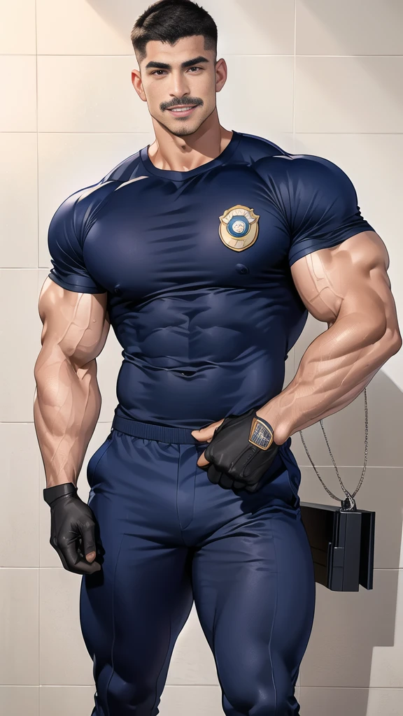 (handsome Man),(Thin mustache:1.1),(crew cut short hair:1.5),black eye,
(navy blue tight-fitting round neck short sleeve T-shirt:1.3),(Police badge:1.3),navy blue cargo pants,(navy_gloves:1,3),
Korean guy,chest muscles,large arm muscles,blood vessel,Big muscles,Broad shoulders,(open mouth:1.2),(face up:1.2),(open eyes:1.5),middle of the road,smile,(City town:1.4),