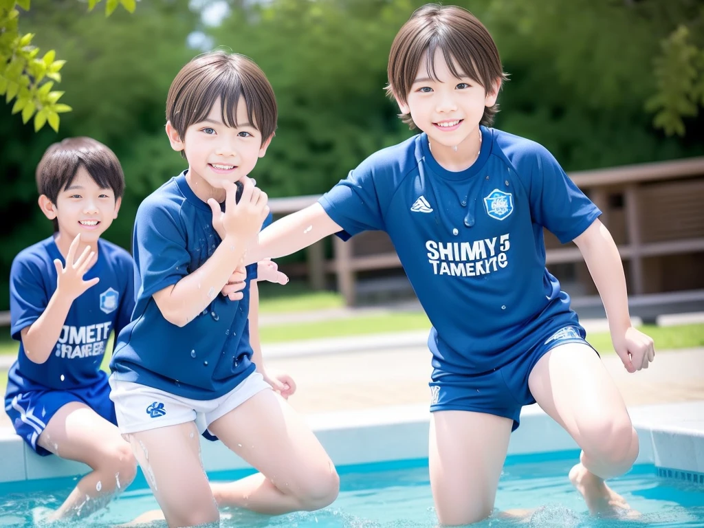 夏休みのprimary school校、Pool、primary school５Grade、Japan Boy、Glowing water splashes、A good boy dripping with water、hot day、Two Boys、Various poses、Short sleeve gym uniform、Blue shorts、physical education、barefoot，（Boy 1.4）、Boys only 、(１０Age 1.４)