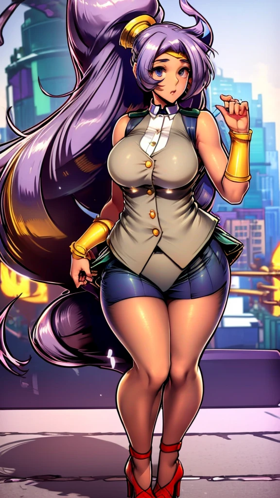 A teenage Arabian girl, cute beauty, beautiful big chest, long soft wavy light blue hair, her purple eye, she wears a white button-down shirt, wearing a gray sleeveless button-down vest and a metallic purple skirt, a pair of red socks, and yellow heels.