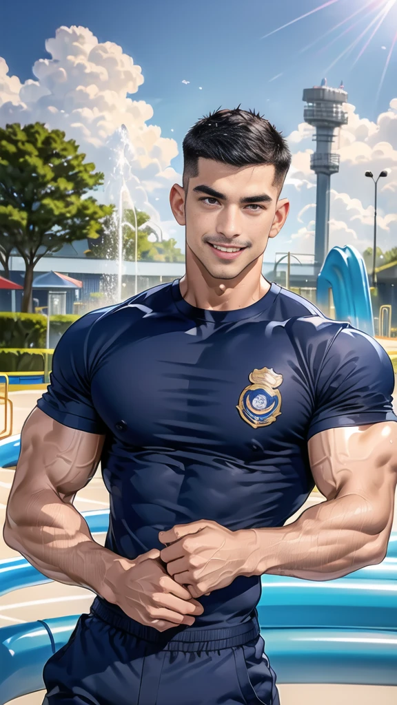 (handsome Man),(Thin mustache:1.1),(crew cut short hair:1.5),black eye,
(navy blue tight-fitting round neck short sleeve T-shirt:1.3),(Police badge:1.3),navy blue cargo pants,(navy_gloves:1,3),
Korean guy,chest muscles,large arm muscles,blood vessel,Big muscles,Broad shoulders,(open mouth:1.2),(face up:1.2),(open eyes:1.5),middle of the road,smile,(water park:1.4),