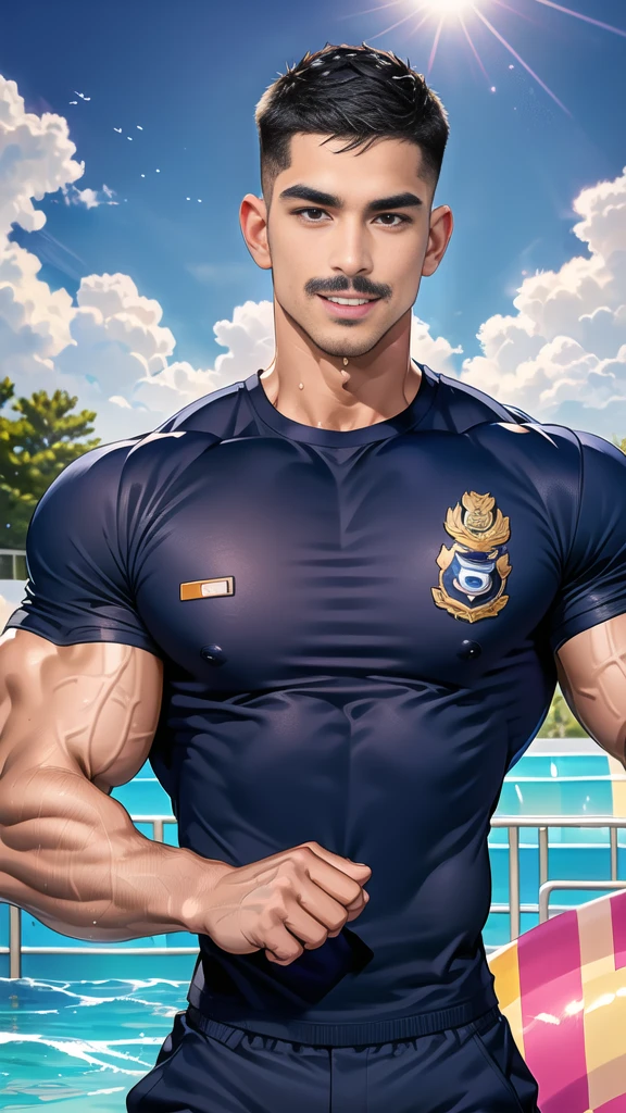(handsome Man),(Thin mustache:1.1),(crew cut short hair:1.5),black eye,
(navy blue tight-fitting round neck short sleeve T-shirt:1.3),(Police badge:1.3),navy blue cargo pants,(navy_gloves:1,3),
Korean guy,chest muscles,large arm muscles,blood vessel,Big muscles,Broad shoulders,(open mouth:1.2),(face up:1.2),(open eyes:1.5),middle of the road,smile,(water park:1.4),