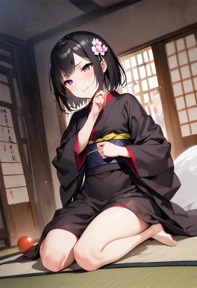 girl、nsfw、Black Hair、yukata、Outdoor Exposure、Urinating、Crouching、Night Sky、shade、blush、Leg spread、open vagina、pussy、Yellow juice dripping from pussy、