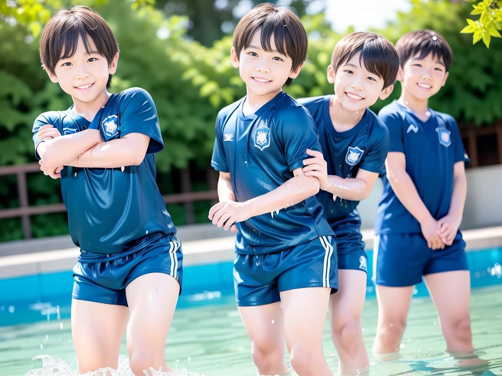 夏休みのprimary school校、Pool、primary school５Grade、Japan Boy、Glowing water splashes、A good boy dripping with water、hot day、Two Boys、Various poses、Short sleeve gym uniform、Blue shorts、physical education、barefoot，（Boy 1.4）、Boys only 、(１０Age 1.４)
