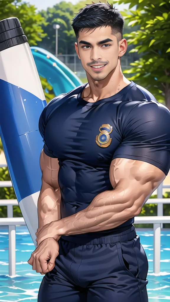 (handsome Man),(Thin mustache:1.1),(crew cut short hair:1.5),black eye,
(navy blue tight-fitting round neck short sleeve T-shirt:1.3),(Police badge:1.3),navy blue cargo pants,(navy_gloves:1,3),
Korean guy,chest muscles,large arm muscles,blood vessel,Big muscles,Broad shoulders,(open mouth:1.2),(face up:1.2),(open eyes:1.5),middle of the road,smile,(water park:1.4),