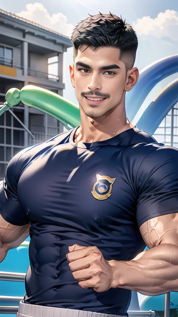 (handsome Man),(Thin mustache:1.1),(crew cut short hair:1.5),black eye,
(navy blue tight-fitting round neck short sleeve T-shirt:1.3),(Police badge:1.3),navy blue cargo pants,(navy_gloves:1,3),
Korean guy,chest muscles,large arm muscles,blood vessel,Big muscles,Broad shoulders,(open mouth:1.2),(face up:1.2),(open eyes:1.5),middle of the road,smile,(water park:1.4),