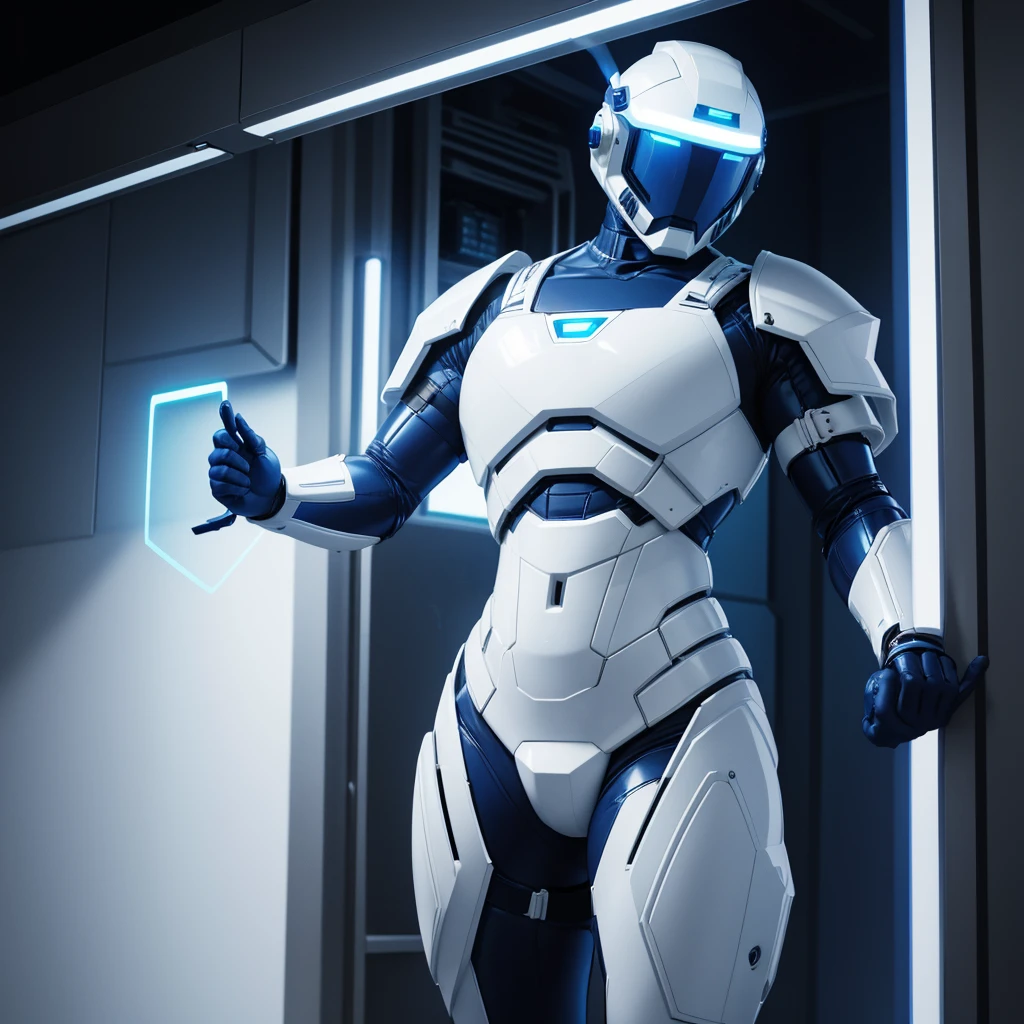 (masterpiece), (best quality), (high res) Solo, (perfect anatomy) Dronificated unknown femenine man in a fully (enclosed blue latex full body armor) (white LEDs across the suit) (white glowing core in the chest), (enclosed cyber helmet) that cover his whole face and hides his identity with a white screen, flat chest, narrow waist, wide hips and thick thigs, (no face) no face, no hair, no mouth, no eyes, in a lab