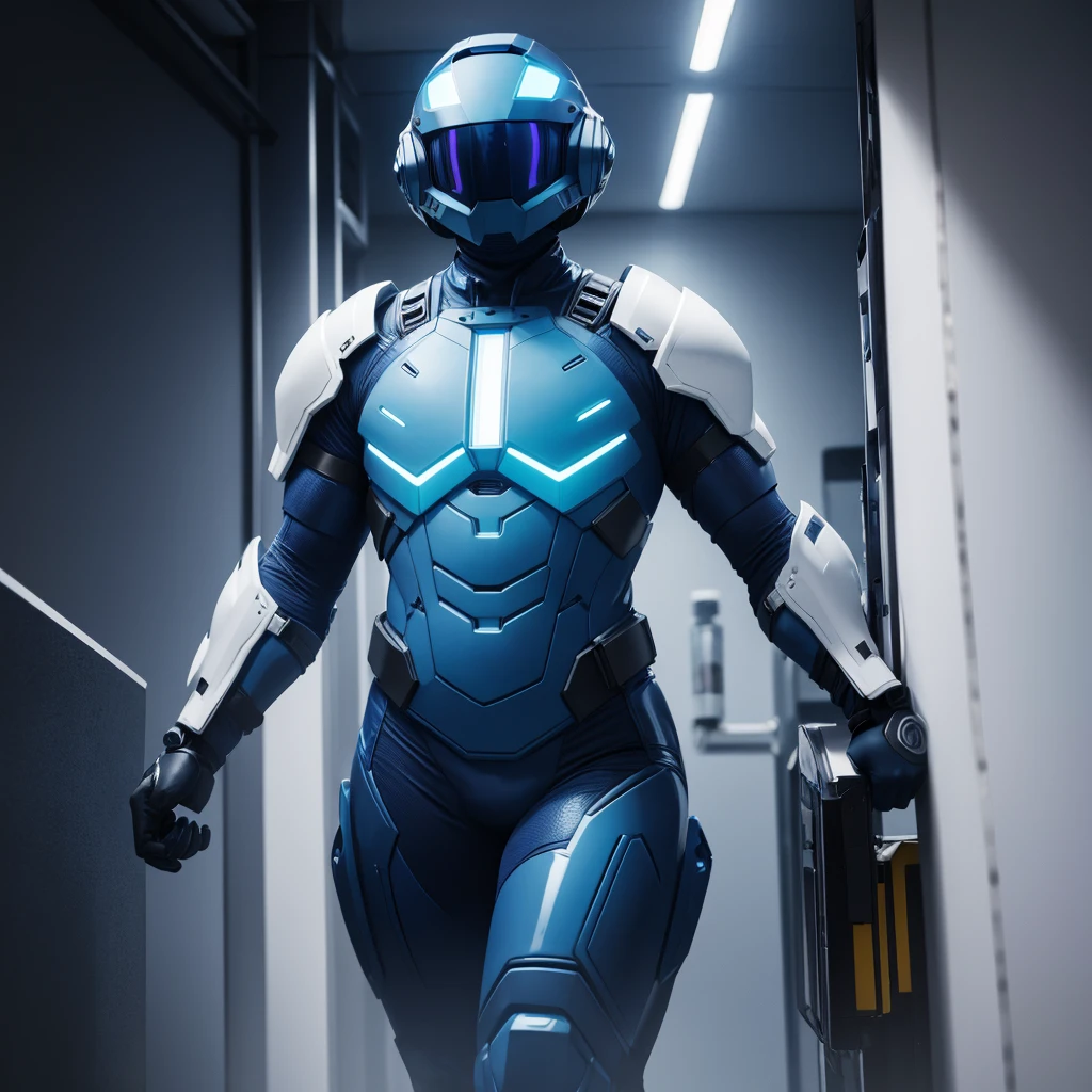 (masterpiece), (best quality), (high res) Solo, (perfect anatomy) Dronificated unknown femenine man in a fully (enclosed blue latex full body armor) (white LEDs across the suit) (white glowing core in the chest), (enclosed cyber helmet) that cover his whole face and hides his identity with a white screen, flat chest, narrow waist, wide hips and thick thigs, (no face) no face, no hair, no mouth, no eyes, in a lab
