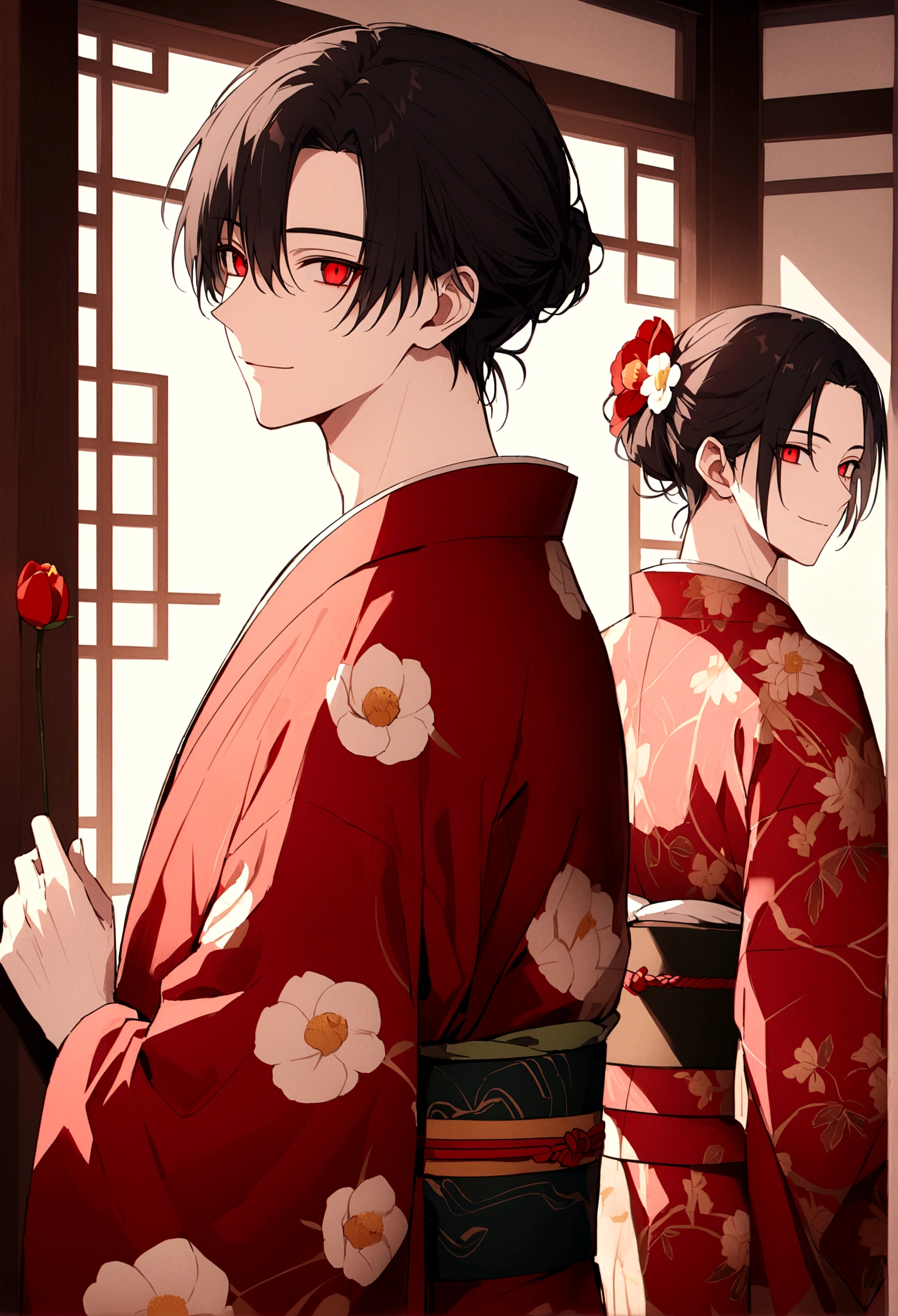 ((Red eyes))、引きつけるRed Eyes、smile、Crimson Eyes、Beautiful man、neutral、Black Hair、(Red Eyes)、Kimono with camellia pattern、smile、The nape is a little long、Serene atmosphere、beautiful、Are standing、ephemeral