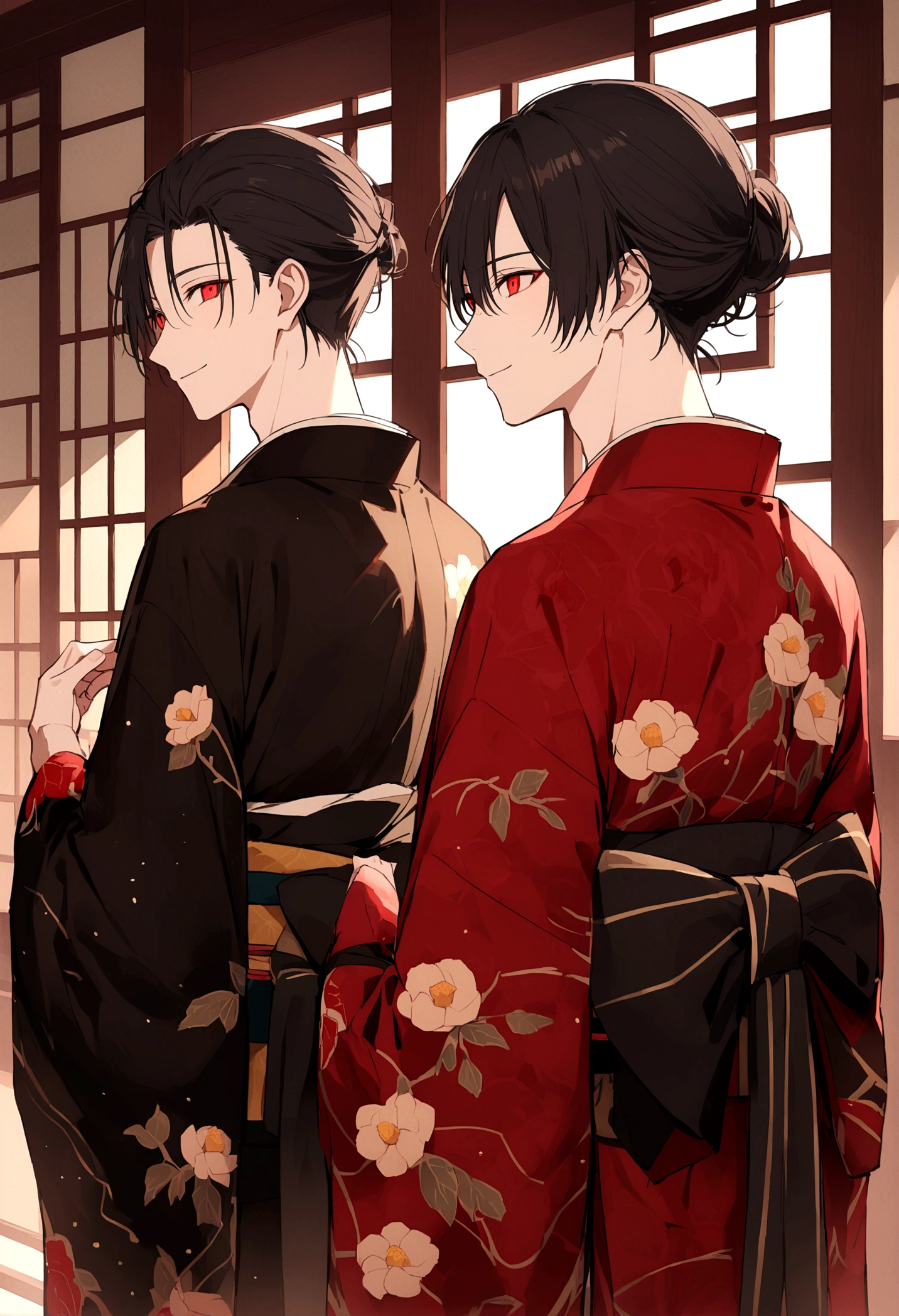 ((Red eyes))、引きつけるRed Eyes、smile、Crimson Eyes、Beautiful man、neutral、Black Hair、(Red Eyes)、Kimono with camellia pattern、smile、The nape is a little long、Serene atmosphere、beautiful、Are standing、ephemeral