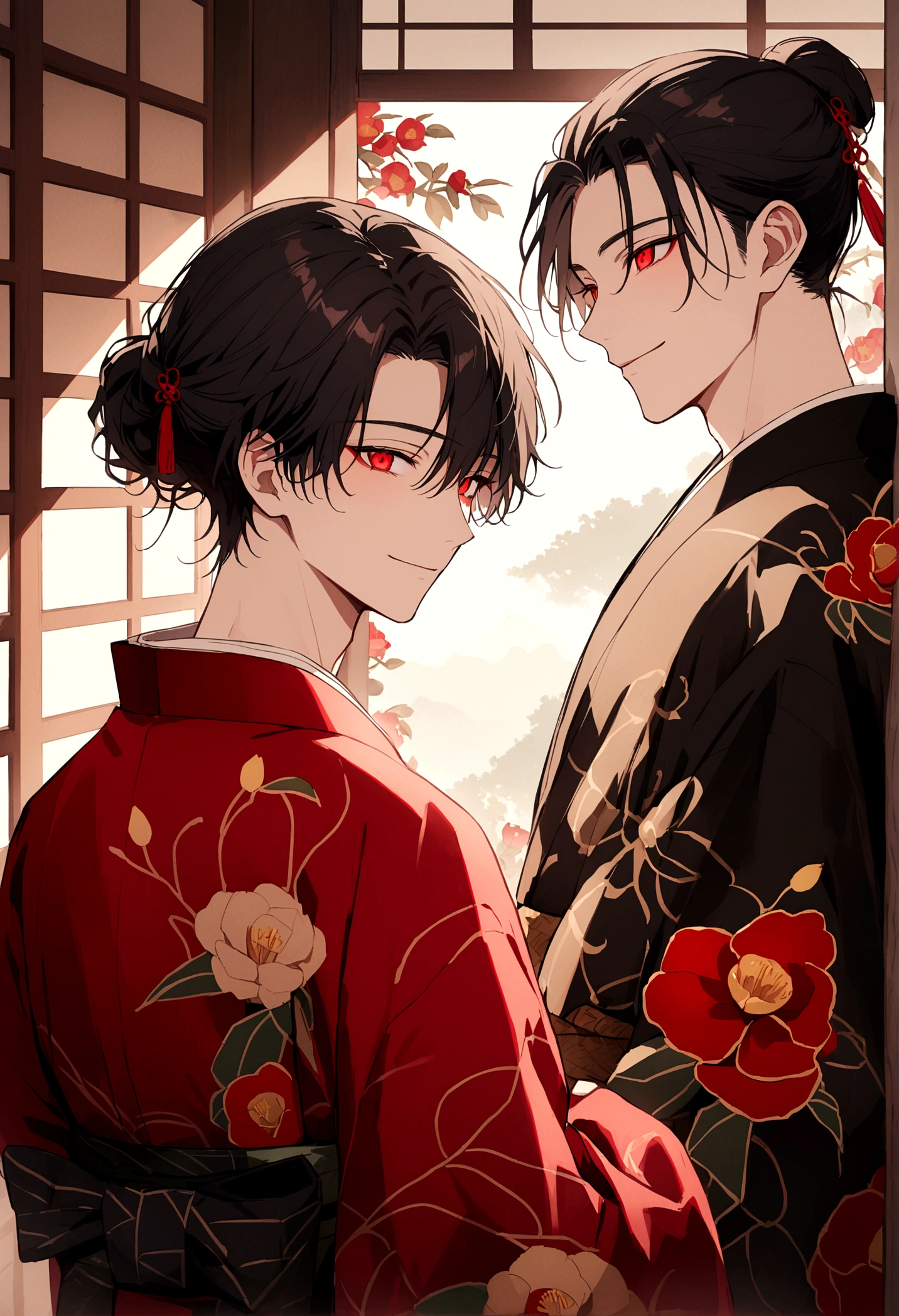 ((Red eyes))、引きつけるRed Eyes、smile、Crimson Eyes、Beautiful man、neutral、Black Hair、(Red Eyes)、Kimono with camellia pattern、smile、The nape is a little long、Serene atmosphere、beautiful、Are standing、ephemeral