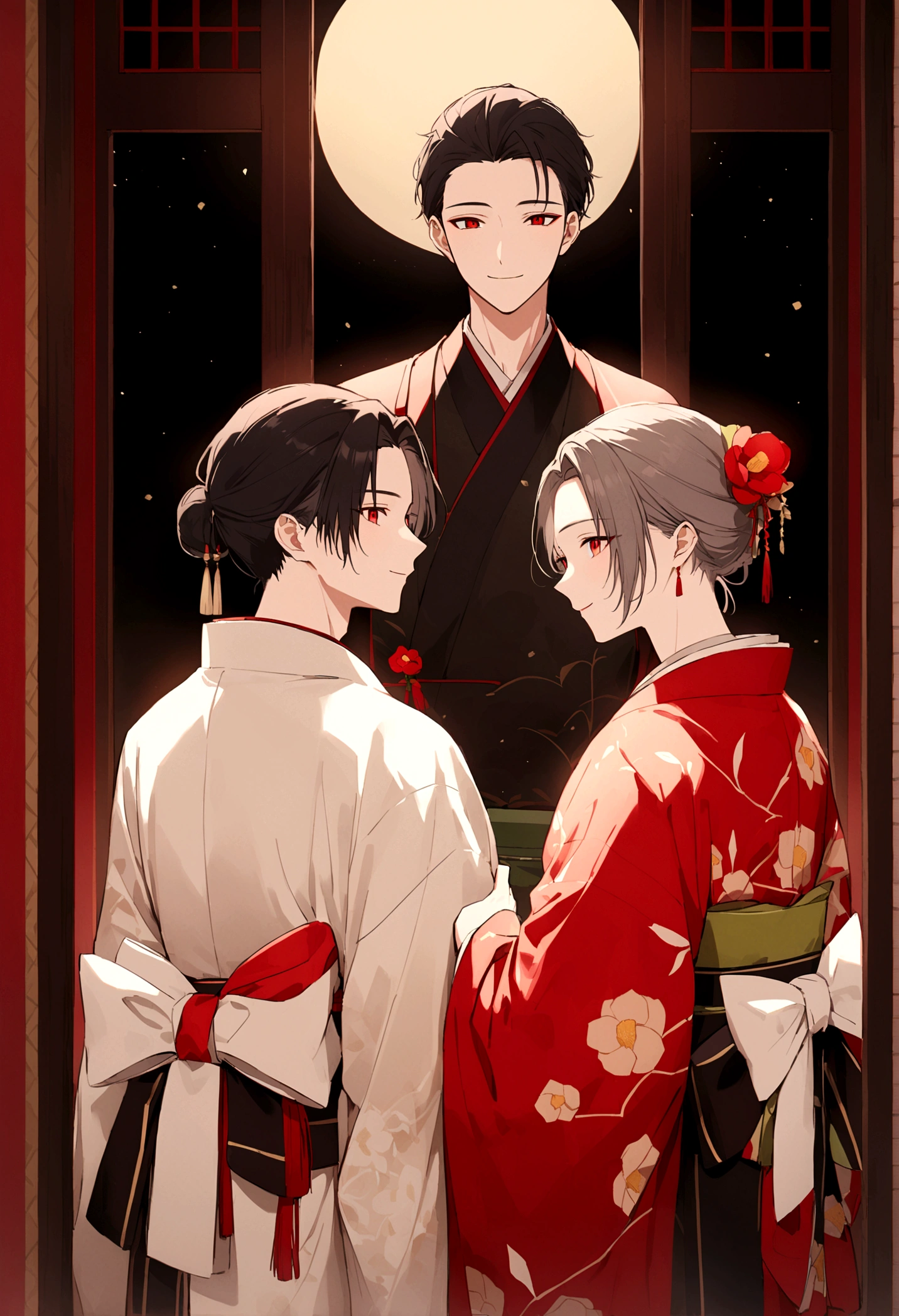 ((Red eyes))、引きつけるRed Eyes、smile、Crimson Eyes、Beautiful man、neutral、Black Hair、(Red Eyes)、Kimono with camellia pattern、smile、The nape is a little long、Serene atmosphere、beautiful、Are standing、ephemeral