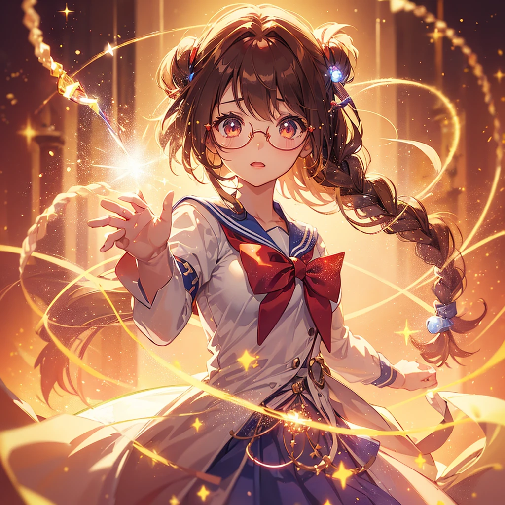 1girl, magical girl, transformation scene, glasses, brown eyes, long brown hair in single braid, sailor uniform with blue collar and skirt, red neckerchief, ((shimmering light particles:1.2) enveloping the girl's body), (large breasts), large buttocks, voluptuous, bright beams of light in the background