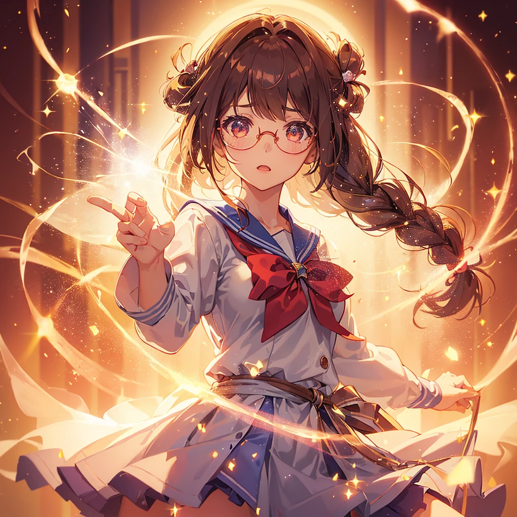 1girl, magical girl, transformation scene, glasses, brown eyes, long brown hair in single braid, sailor uniform with blue collar and skirt, red neckerchief, ((shimmering light particles:1.2) enveloping the girl's body), (large breasts), large buttocks, voluptuous, bright beams of light in the background