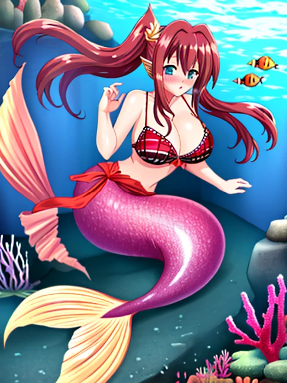 hellandheaven, 1girl, solo, underwater sea, coral, fish,mermaid, mermaid tail below waistline, large breasts, cleavage, bra, full body, red blush, 