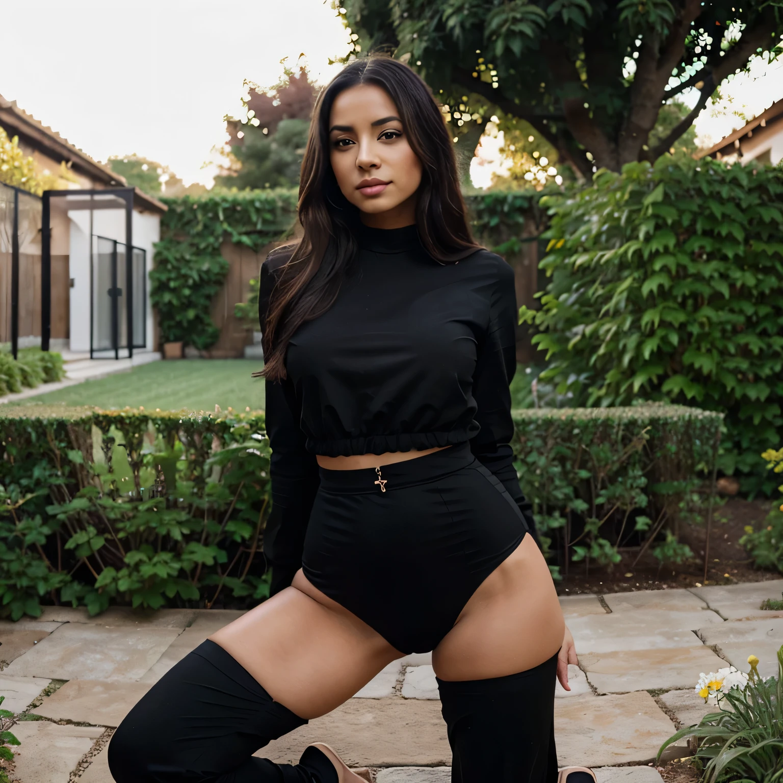 Latina in a garden, very modest, black outfit