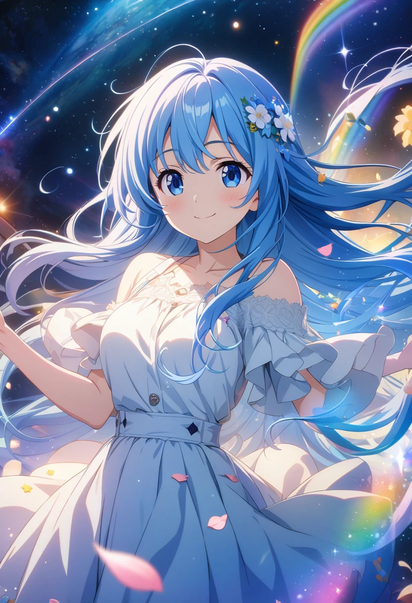 (wallpaper 8k CG), (masterpiece), (Highest quality), Anime Style, masterpiece, Long Hair, girl, (smile), flower-petals rainbow-colored musical notes and stars flowing from her fluttering blue hair. The background is a galaxy, star, Light