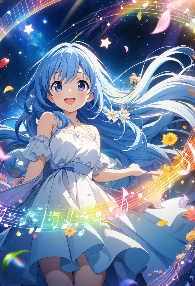 (wallpaper 8k CG), (masterpiece), (Highest quality), Anime Style, masterpiece, Long Hair, girl, (smile), flower-petals rainbow-colored musical notes and stars flowing from her fluttering blue hair. The background is a galaxy, star, Light