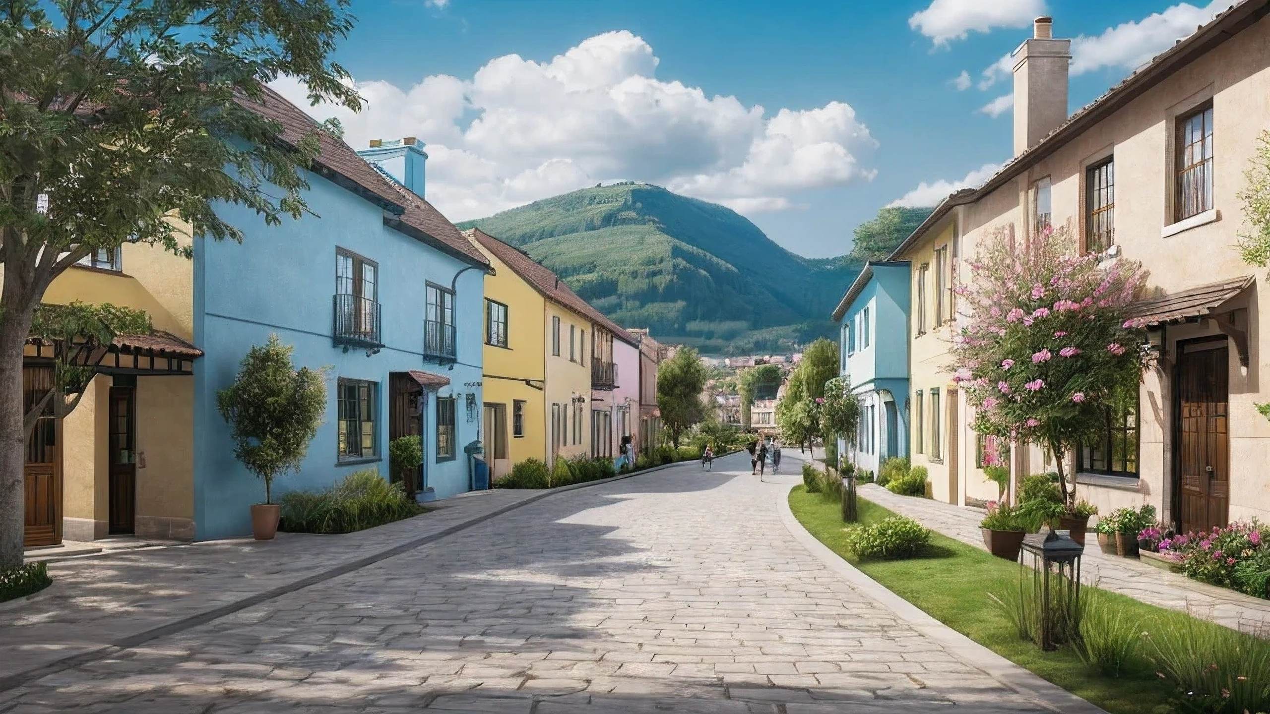 Create a picturesque village scene with vibrant homes in various colors, such as pastel pink, yellow, and blue. The houses should have charming architectural details like flower boxes, shutters, and tiled roofs. Place the homes along a cobblestone street that winds through the village. The sky should be serene, with soft, scattered clouds and a gentle blue hue. Add lush greenery, such as trees and bushes, along the street, and include a few villagers walking or engaging in leisurely activities. The overall atmosphere should be peaceful and inviting, capturing the idyllic charm of a quaint village.
