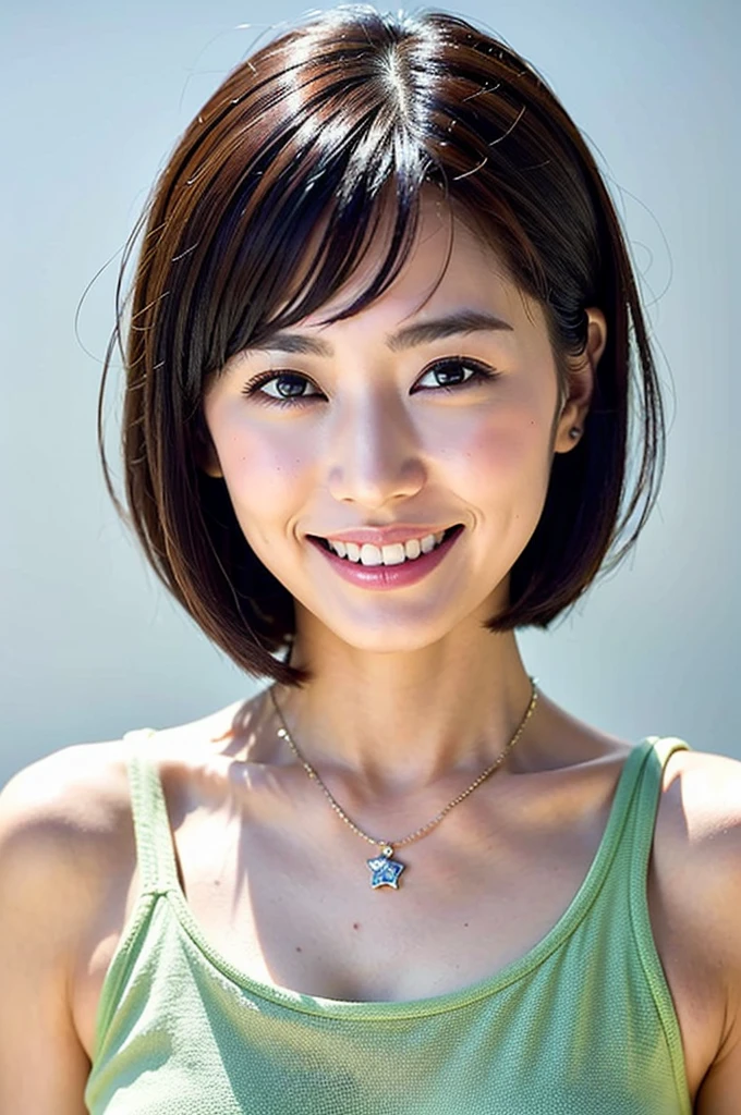 ((Front view)),(Masterpiece:1.3), (8K, Photorealistic, RAW photo, Best quality: 1.4), White background ,Be happy, A Skinny Japanese lady, Show your teeth,(1girl), Beautiful face, (Realistic face), (Black hair, Short hair:1.3), Beautiful hairstyle, Realistic eyes, Beautiful detailed eyes, (Realistic skin), Beautiful skin, (blue underware, blue bra), Attractive, Ultra photo realsisim, Highly detailed, Golden ratio