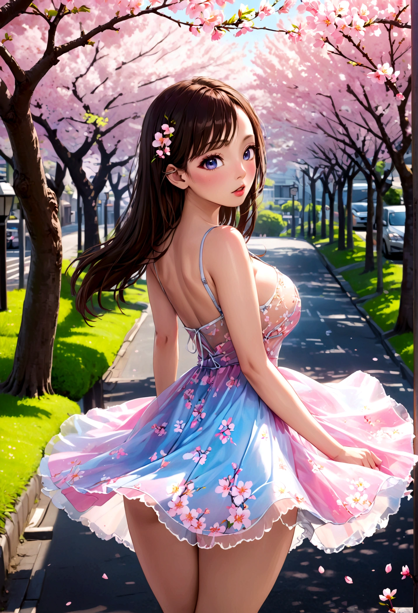 a lovely woman in a sheer brightly colored summer dress, carefree and flirting, low traffic sidewalk in Tokyo, detailed face and body, beautiful detailed eyes, beautiful detailed lips, extremely detailed eyes and face, long eyelashes, masterpiece, photorealistic, 8k, ultra-detailed, vibrant colors, natural lighting, cinematic, hyper-realistic, atmospheric, detailed environment, cherry blossom trees, warm tones, shallow depth of field, dappled sunlight. View from behind. Gentle breeze no panties
