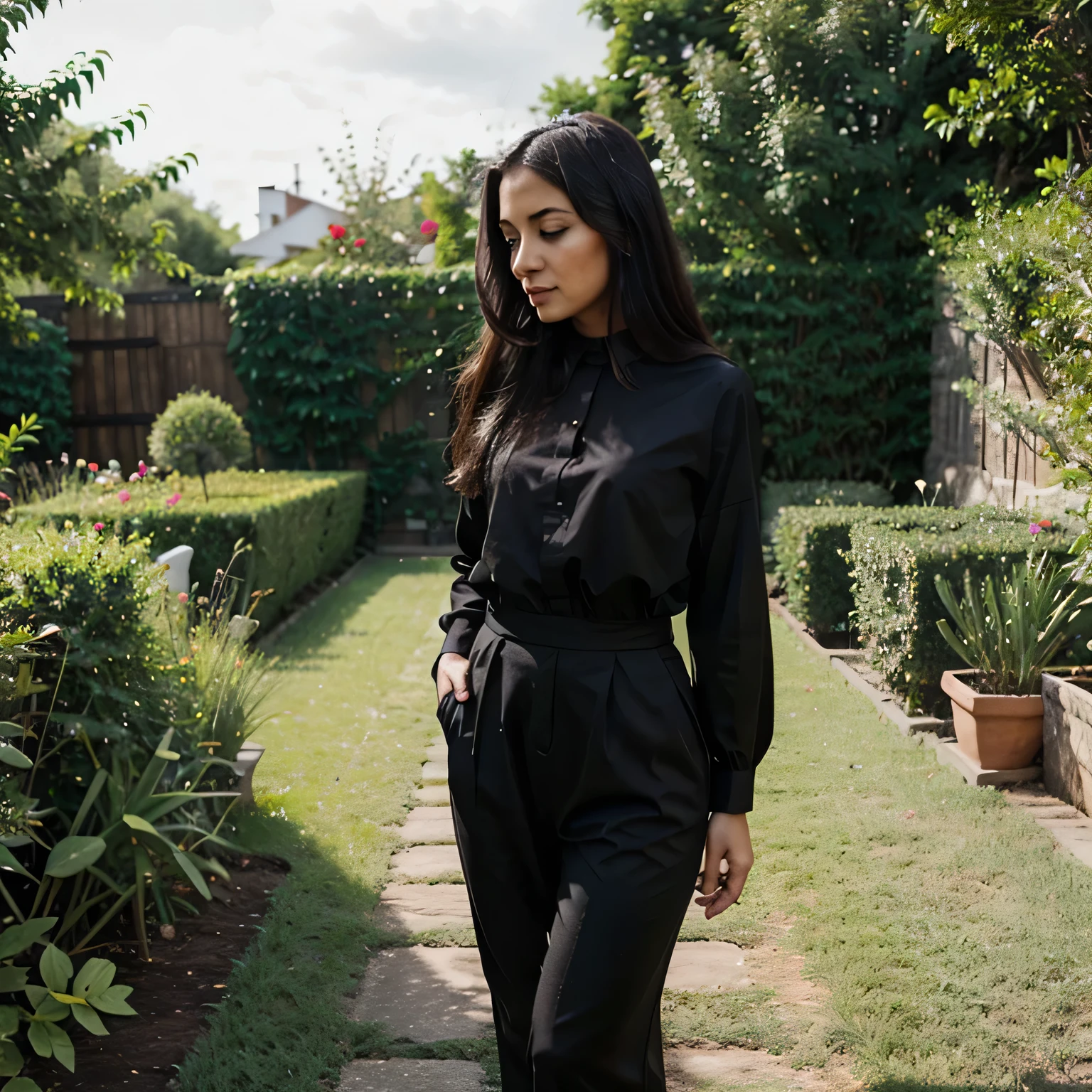 Latina in a garden, very modest, black outfit