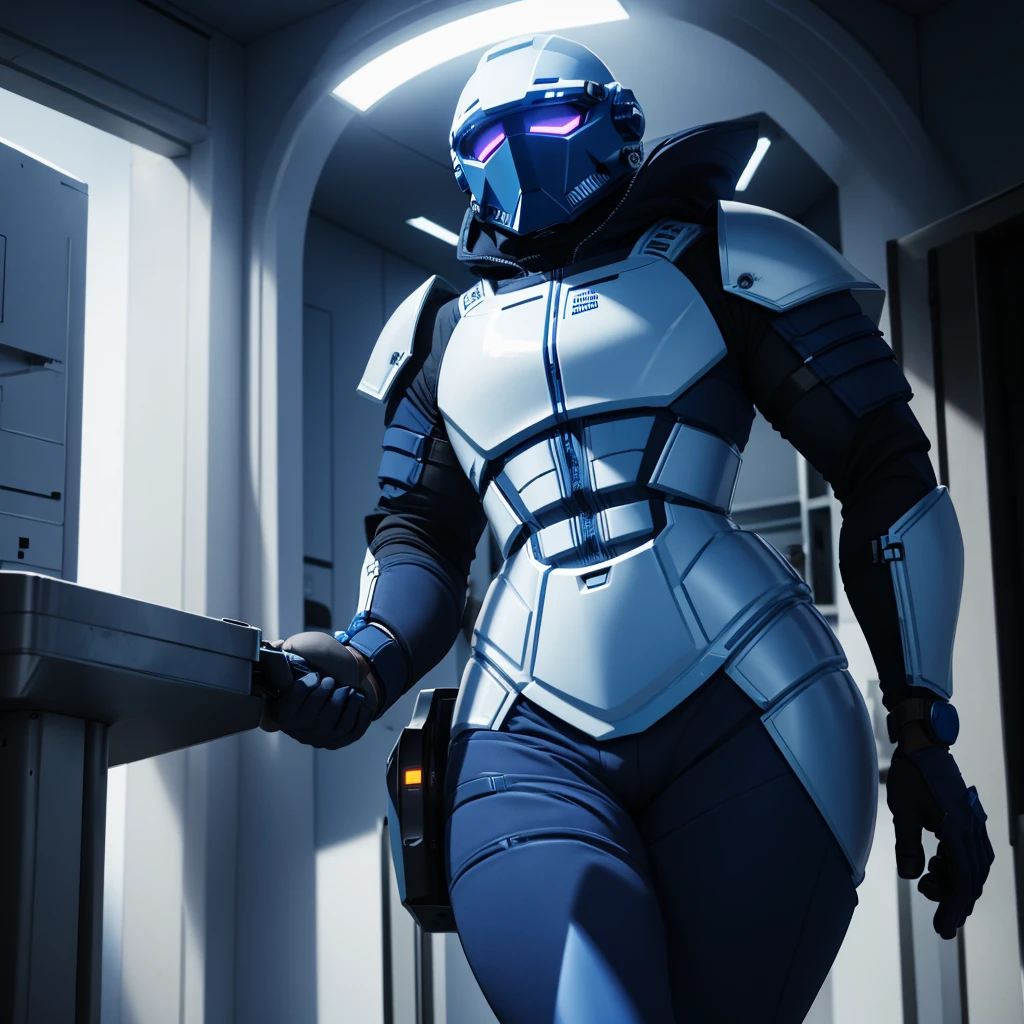 (masterpiece), (best quality), (high res) Solo, (perfect anatomy) Dronificated unknown femenine man in a fully (enclosed blue latex full body armor) (white LEDs across the suit) (white glowing core in the chest), (enclosed cyber helmet) that cover his whole face and hides his identity with a white screen, flat chest, narrow waist, wide hips and thick thigs, (no face) no face, no hair, no mouth, no eyes, in a lab