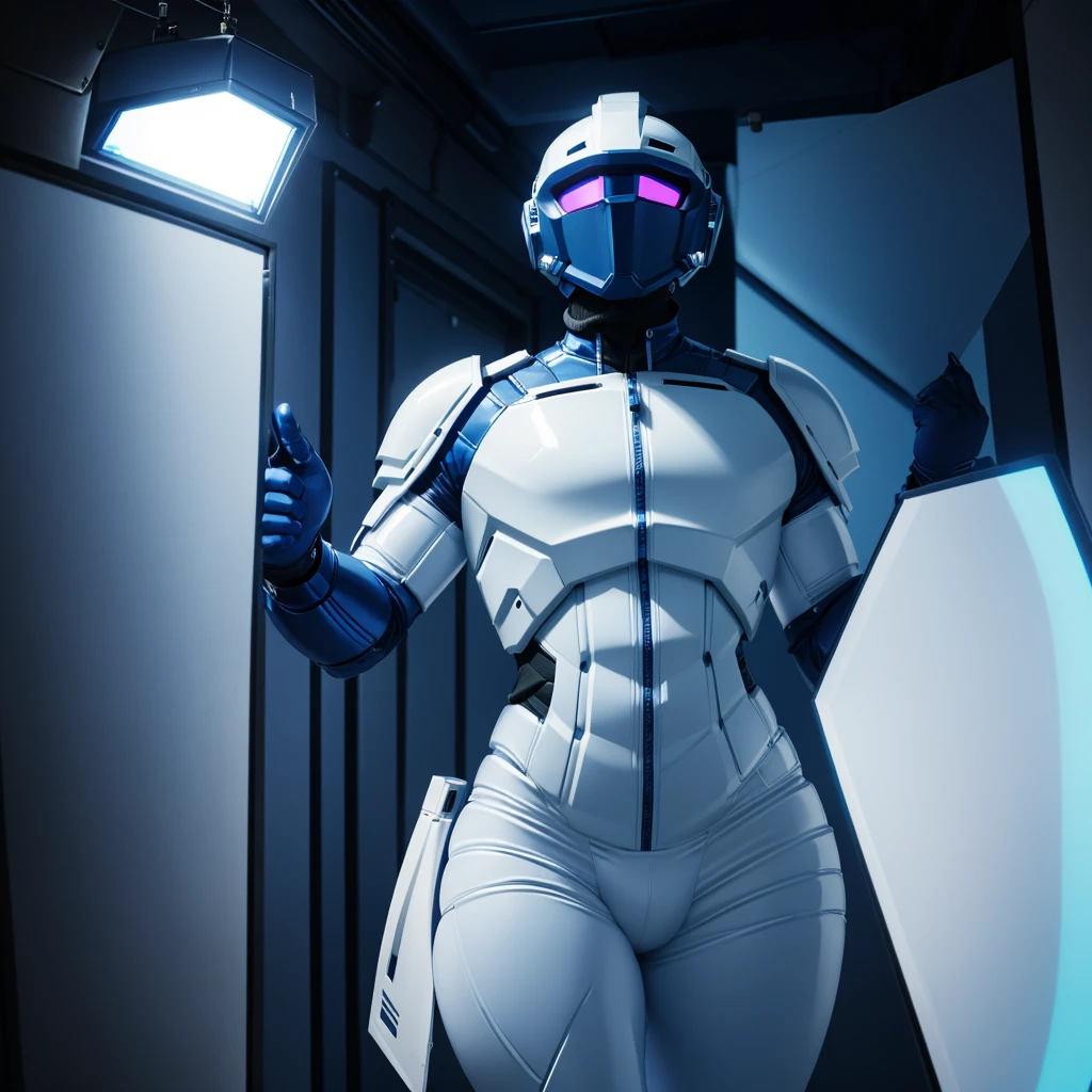 (masterpiece), (best quality), (high res) Solo, (perfect anatomy) Dronificated unknown femenine man in a fully (enclosed blue latex full body armor) (white LEDs across the suit) (white glowing core in the chest), (enclosed cyber helmet) that cover his whole face and hides his identity with a white screen, flat chest, narrow waist, wide hips and thick thigs, (no face) no face, no hair, no mouth, no eyes, in a lab