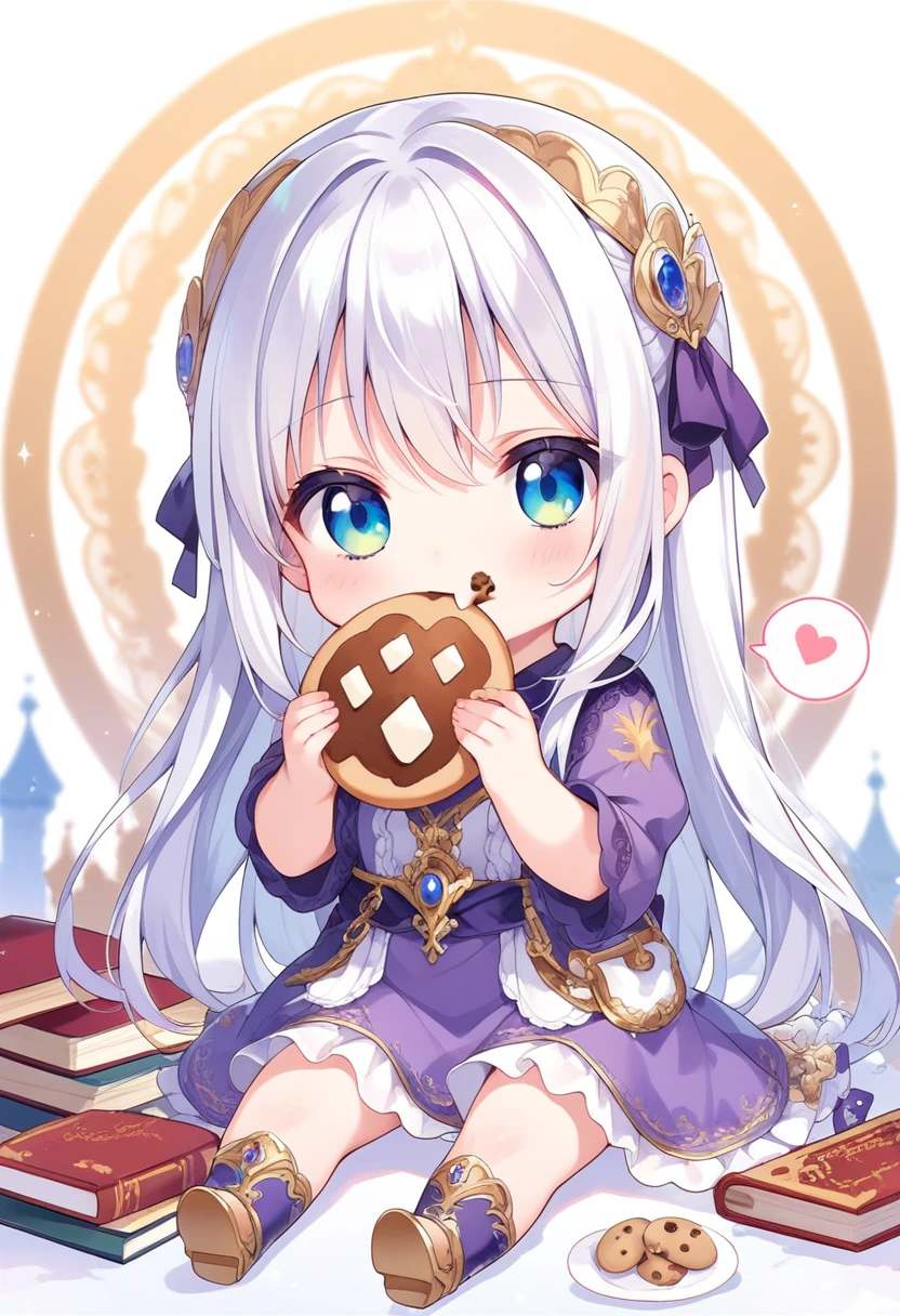 score_9, score_8_up, score_7_up, source_anime, (chibi), eating cookie, spoken heart, sitting, purple clothing, white hair, royal palace background, book, simple background