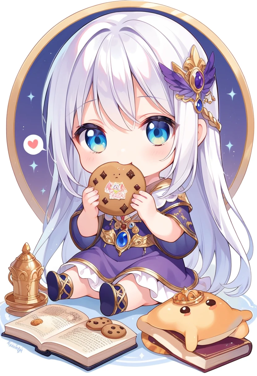 score_9, score_8_up, score_7_up, source_anime, (chibi), eating cookie, spoken heart, sitting, purple clothing, white hair, royal palace background, book, simple background