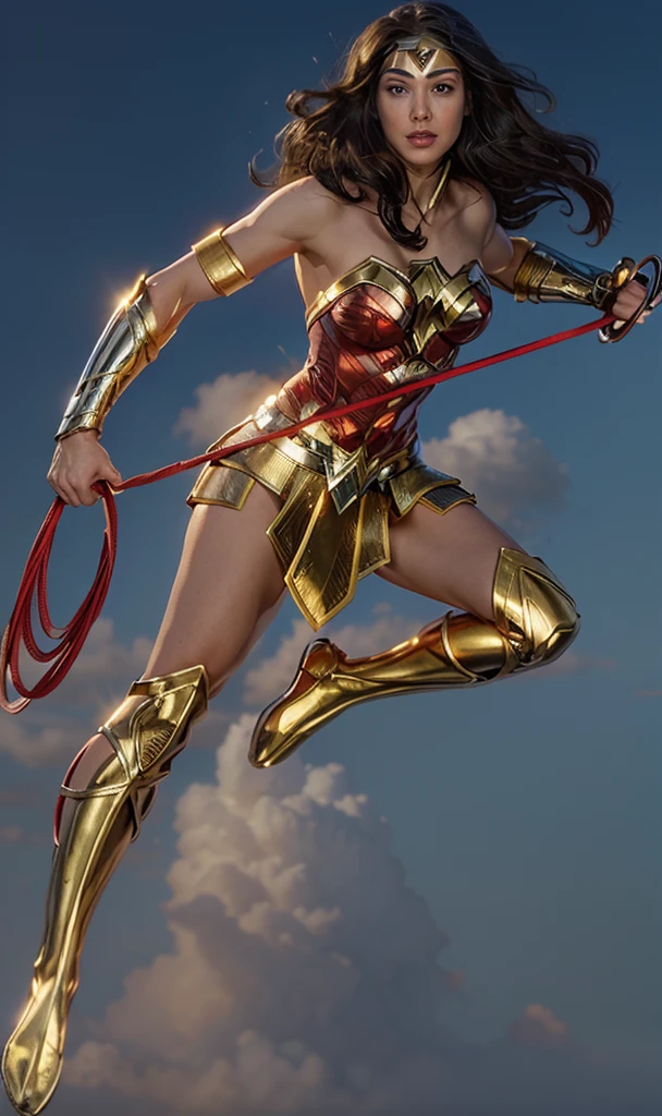 The actress Gal Gadot playing the character Wonder Woman flying in the skies,holding the golden and shiny rope, Holding your shiny golden bow, perfect costume, soft curves, bright blue eyes and gorgeous