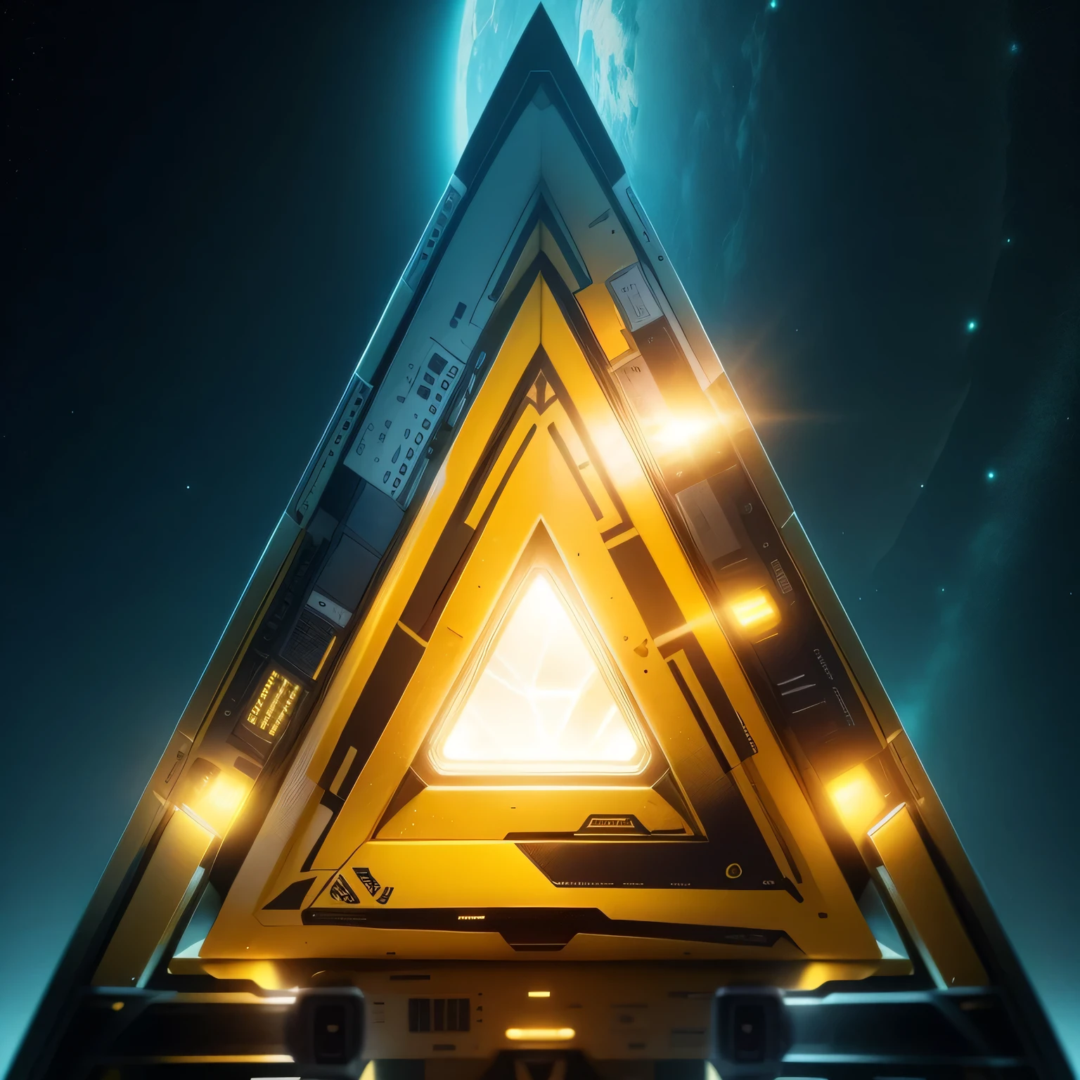 black and yellow coloured lights, yellow colour in the middle, yellow colour in the middle, yellow colour in the middle, triangle shaped spaceship in space, 1080, high resolution, focused every wear