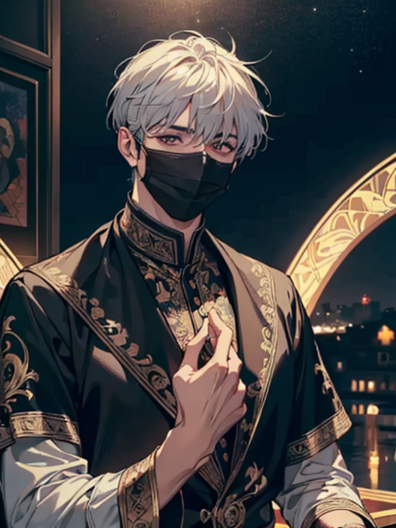a handsome adult male with finely detailed eyes and face, devil eyes looking at him, mysterious mask covering his face, night sky, the lovers tarot, symbolism, visual art, occult, universal, vision casting, philosophical, iconography, numerology, popularity, artistic, Alphonse Mucha style, short hair, smile, calm expression,(best quality,4k,8k,highres,masterpiece:1.2),ultra-detailed,(realistic,photorealistic,photo-realistic:1.37),HDR,UHD,studio lighting,ultra-fine painting,sharp focus,physically-based rendering,extreme detail description,professional,vivid colors,bokeh