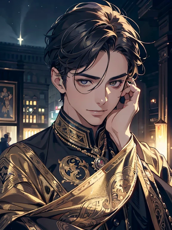 a handsome adult male with finely detailed eyes and face, devil eyes looking at him, mysterious mask covering his face, night sky, the lovers tarot, symbolism, visual art, occult, universal, vision casting, philosophical, iconography, numerology, popularity, artistic, Alphonse Mucha style, short hair, smile, calm expression,(best quality,4k,8k,highres,masterpiece:1.2),ultra-detailed,(realistic,photorealistic,photo-realistic:1.37),HDR,UHD,studio lighting,ultra-fine painting,sharp focus,physically-based rendering,extreme detail description,professional,vivid colors,bokeh