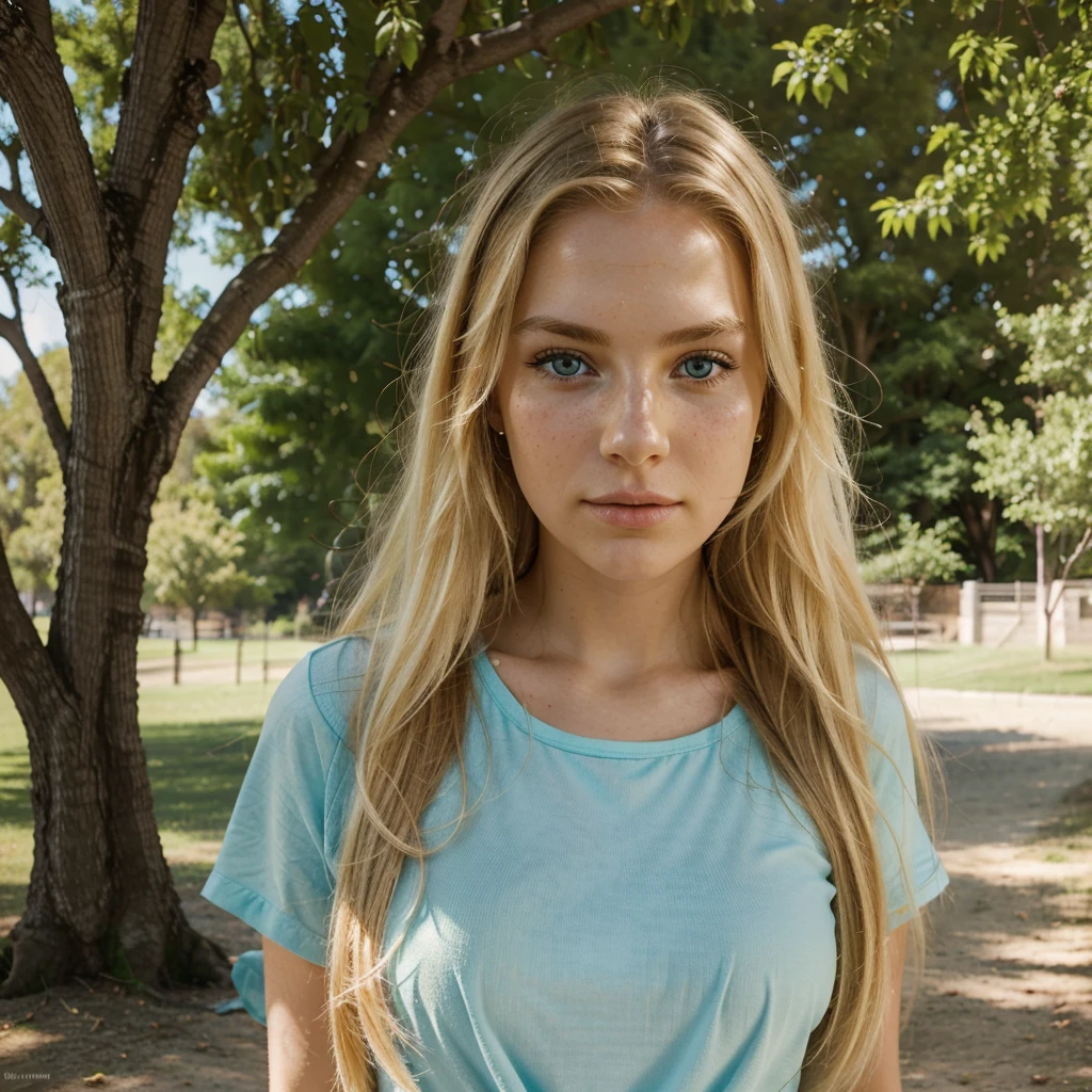 A photorealistic portrait of a 23 year old blonde woman with long blond hair and blue green eyes. It should have a natural and accessible expression and be illuminated by soft golden sunlight. her face is thin and she has some freckles. The background should be a picturesque outdoor setting, perhaps a sunny park or a beach. Capture this image with a very high resolution photo using an 85mm lens for a flattering perspective.