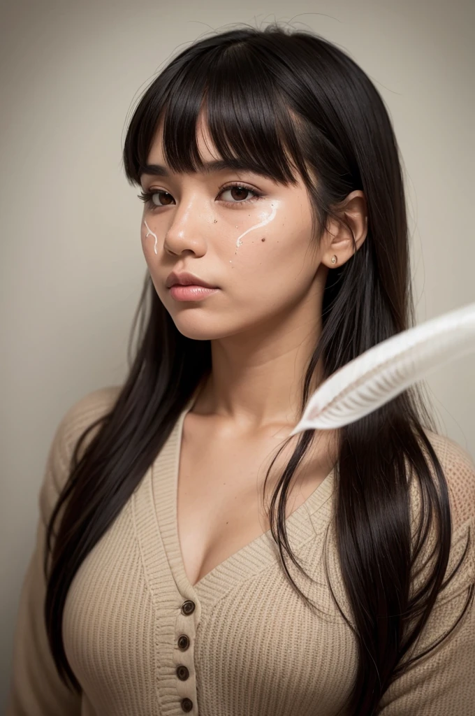 Indigenous woman with bangs with sperm on her face