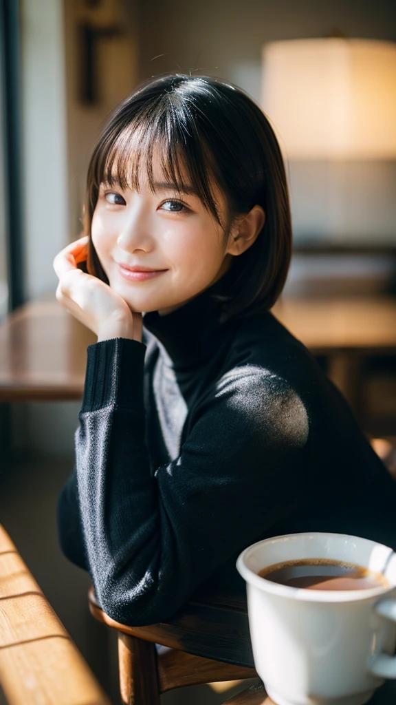 (Highest quality,masterpiece:1.3,Ultra-high resolution),(Very detailed,Caustics,8K),(Realistic:1.4,RAW shooting),Cafe,Counter seats,Chair,Coffee cup,20-year-old,cute,1 Girl,Black Short Hair,Turtleneck sweater,big ,Long skirt,Smiling and looking at the camera,Chairに座る,Side Shot,landscape,Bust up shot,Soft Light,Professional Writing,Face Focus,Face close-up