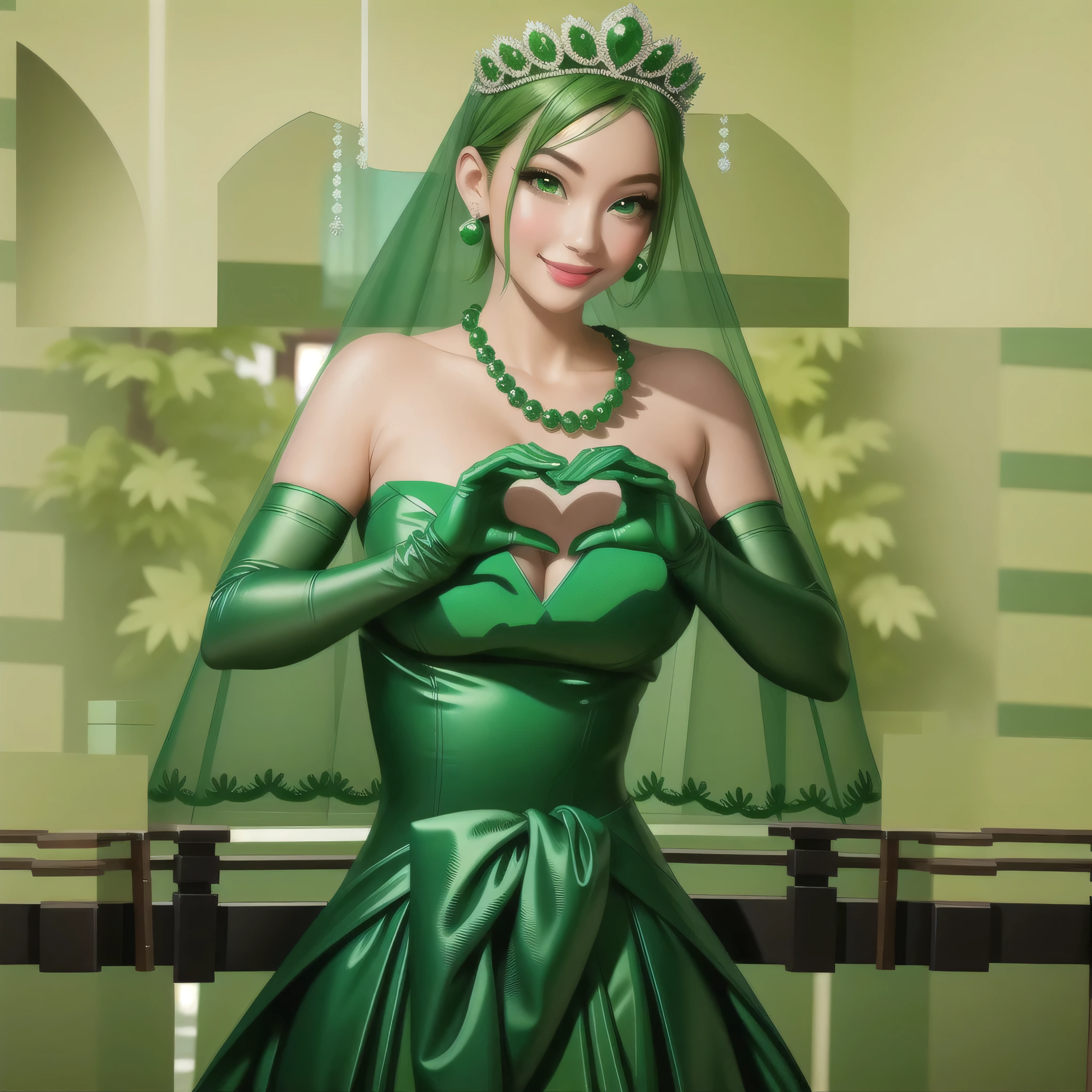 emerald tiara, Green Pearl Necklace, Boyish very short green hair, Green Lips, Smiling Japanese woman, Very short hair, Busty beautiful lady, Green Eyes, Green satin long gloves, Green Eyes, Emerald Earrings, Green veil, Heart with both hands, Green Hair, Beautiful Japanese Woman, Heart shaped hands:1.3, green lip gloss
