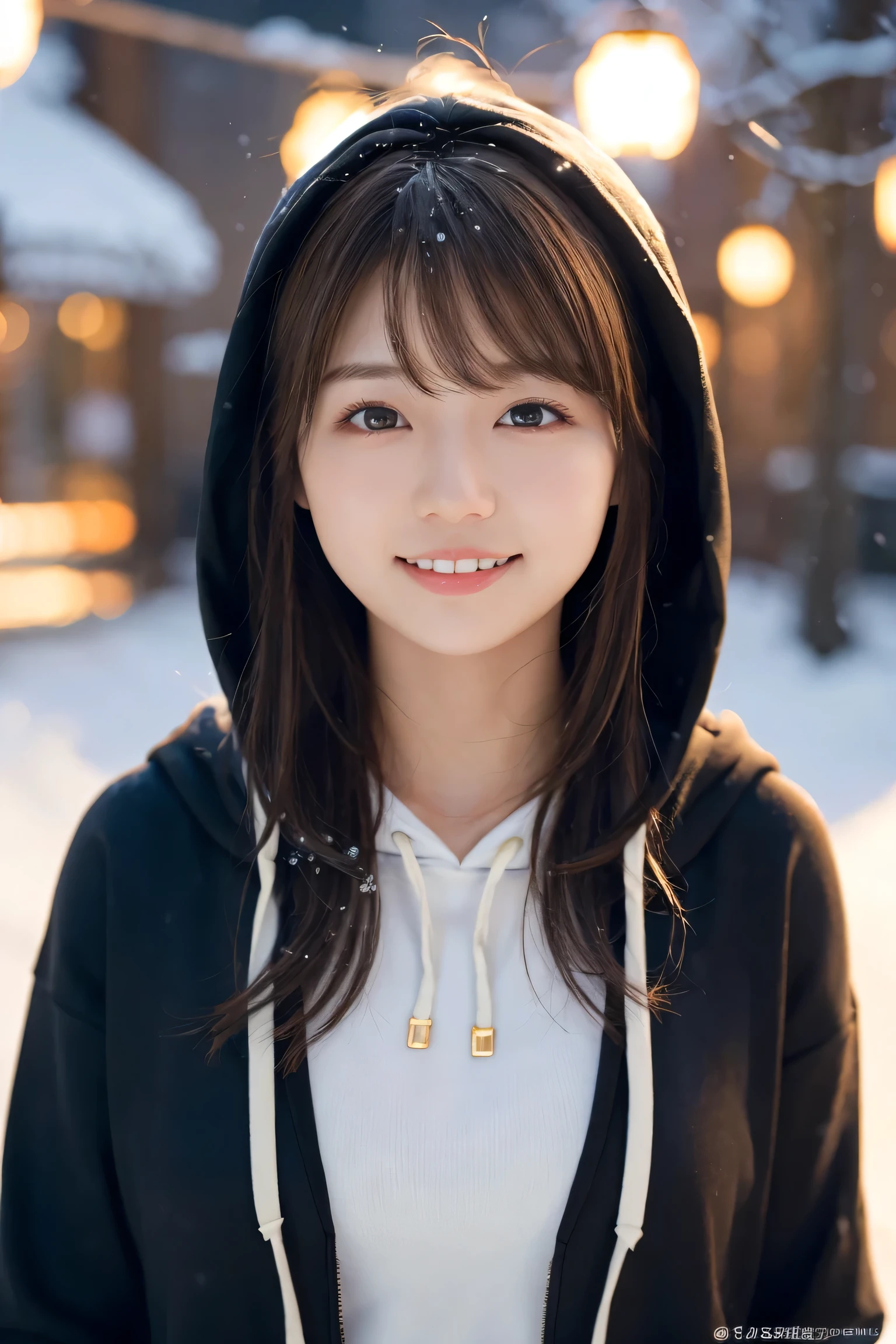 1 Girl, (Wear a black hoodie:1.2), (RAW Photos, highest qualthaty), (Realistic, Realistic:1.4), Tabletop, Very delicate and beautiful, Very detailed, 2k wallpaper, wonderful, finely, Very detailed CG Unthaty 8K wallpaper, Very detailed, High resolution, Soft Light, Beautiful detailed girl, Very detailed目と顔, Beautiful and sophisticated nose, Finely beautiful eyes, Cinema Lighting, Illuminations that light up the cthaty on a snowy night, Snow Scene, that'that'that'it's snowing, Snow fell in my hair, Perfect ???????, Slender body, Was nervous,
Straight semi-long hair, bangs, Looking at the audience, smile、Fluffy scarf、On the bed、pajamas