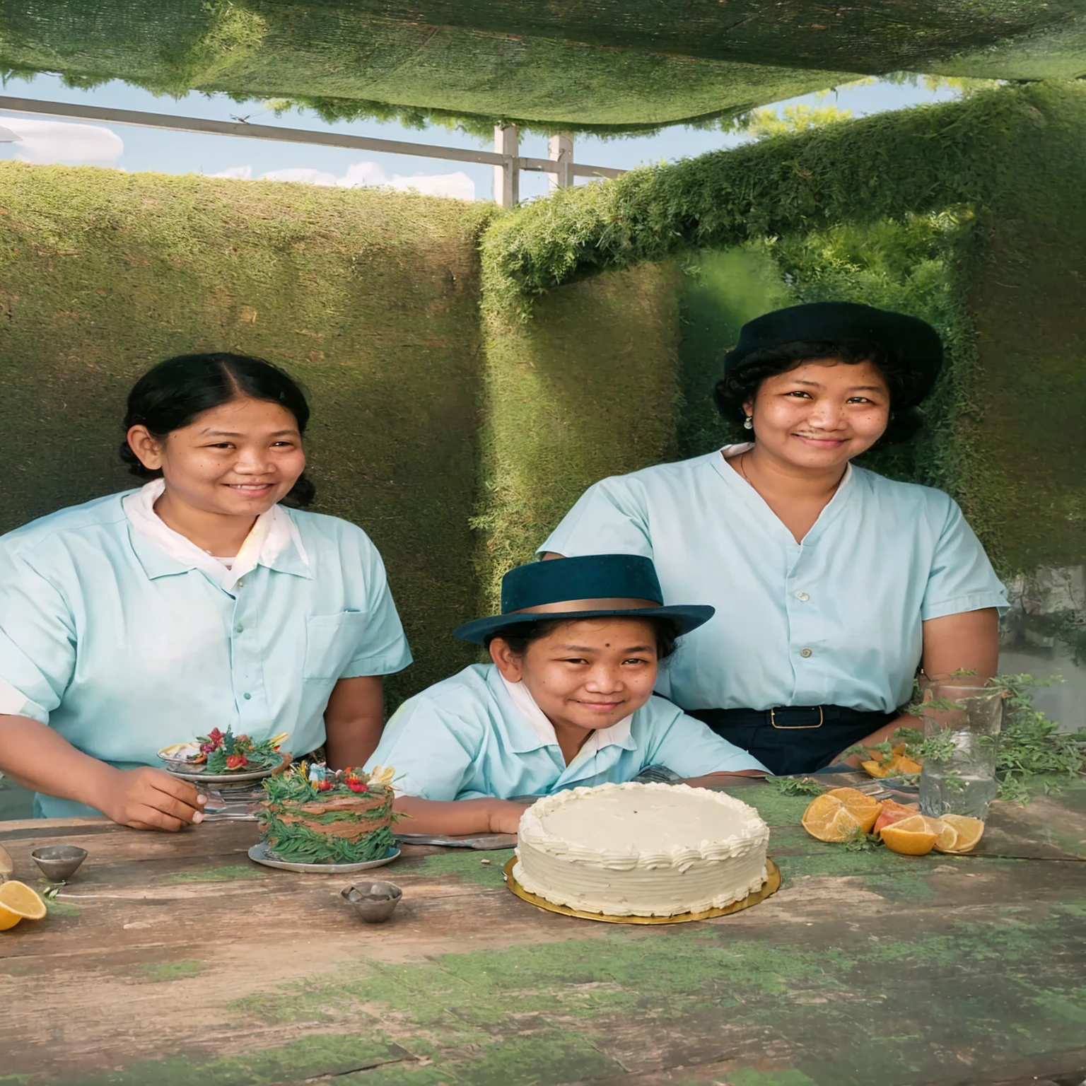 There are three people sitting at a table with a cake, old color photograph, celebration, portrait", by Alison Geissler, a colored photo, portrait en color, colored photo, inspired by Genco Gulan, colored photograph, portrait familiar, by Morris Kestelman, Happy Birthday, foto de portrait, portrait de familia de tres, an indonesian portrait familiar, realistic photo