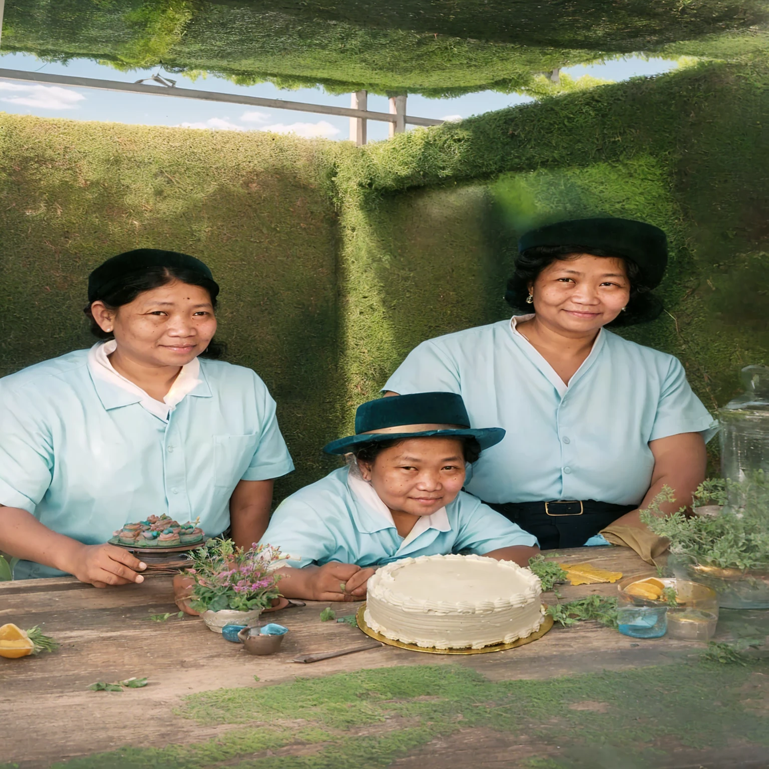 There are three people sitting at a table with a cake, old color photograph, celebration, portrait&quot;, by Alison Geissler, a colored photo, portrait en color, colored photo, inspired by Genco Gulan, colored photograph, portrait familiar, by Morris Kestelman, Happy Birthday, foto de portrait, portrait de familia de tres, an indonesian portrait familiar, realistic photo
