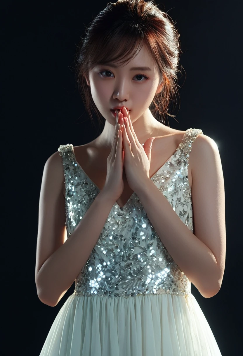 (8K、RAW Photos、Highest quality、Masterpiece: 1.2)Highest quality, masterpiece, Ultra-high resolution、1 female((masterpiece, Highest quality)),(One personで:1.2),(One girl:1.2),((32K Wallpapers, Very detailed)),,(((The perfect one and only lady))),(((portfolio,close))),(((Front face))),(((Upper Body))),((highlight)),(((One person))),(((Full face))),(((Perfect composition))),((Gradient Eye)),Sparkling.Light leakage, (((Bring your fingers to your mouth))), (((White Dress)))Detailed hands