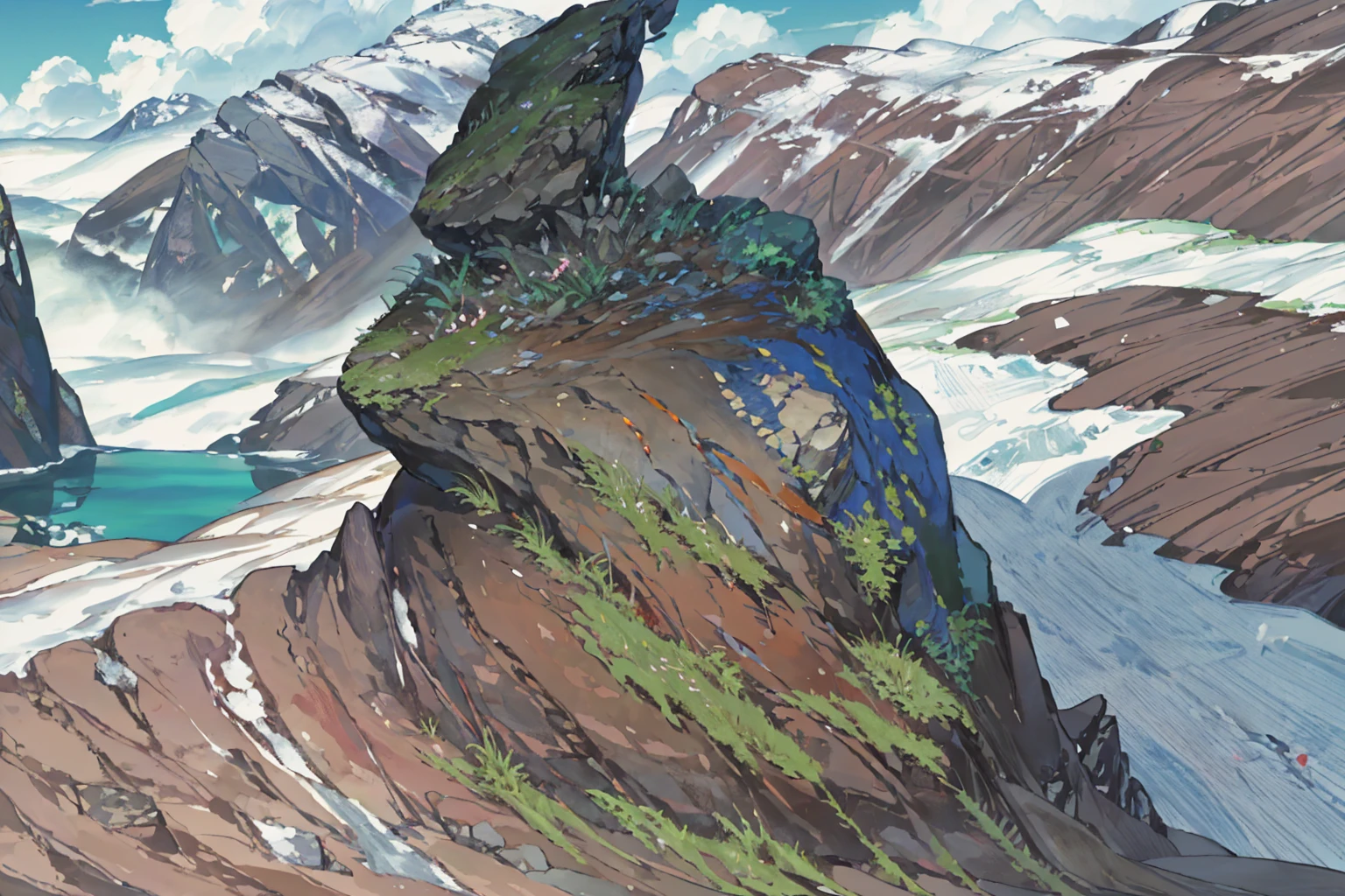 summer, rocky area, rock formation, (illustration : 1.0), Narrative composition, realistic lighting, HD detail, masterpiece, best quality best, (Highly detailed CG integrated 8k wallpaper), wide and flat rocky area, A small, sharp, rough rock at the top of the screen.
