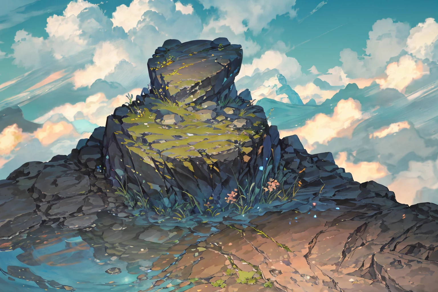 summer, rocky area, rock formation, (illustration : 1.0), Narrative composition, realistic lighting, HD detail, masterpiece, best quality best, (Highly detailed CG integrated 8k wallpaper), wide and flat rocky area, A small, sharp, rough rock at the top of the screen.