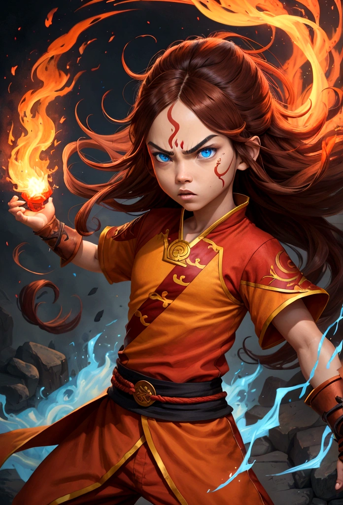 create character fire nation the legend of aang, brown long hair, angry, hair stuck, adolescent, eyes browns, red costume , manipulating blue fire