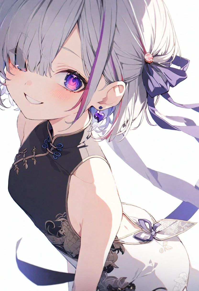 (muste piece), (best quality), very detailed eyes, expressive eyes, perfect face, very detailed face, highly detailed face, beautiful girl, 8K, beautiful girl, white background, delicate and beautiful face and eyes, dark intense shadow, 1 girl, vtuber style, cool girl, hololive, amane kanata, gery hair, streaked hair, short hair, china dress, chinese clothes, earrings, white pantyhose, Backless clothing, back, back to viewer, ass, lower body, small chest, cropped shoulders, one eye close winking, smile, body visible through clothes, chest visible through clothes, (full body), standing,