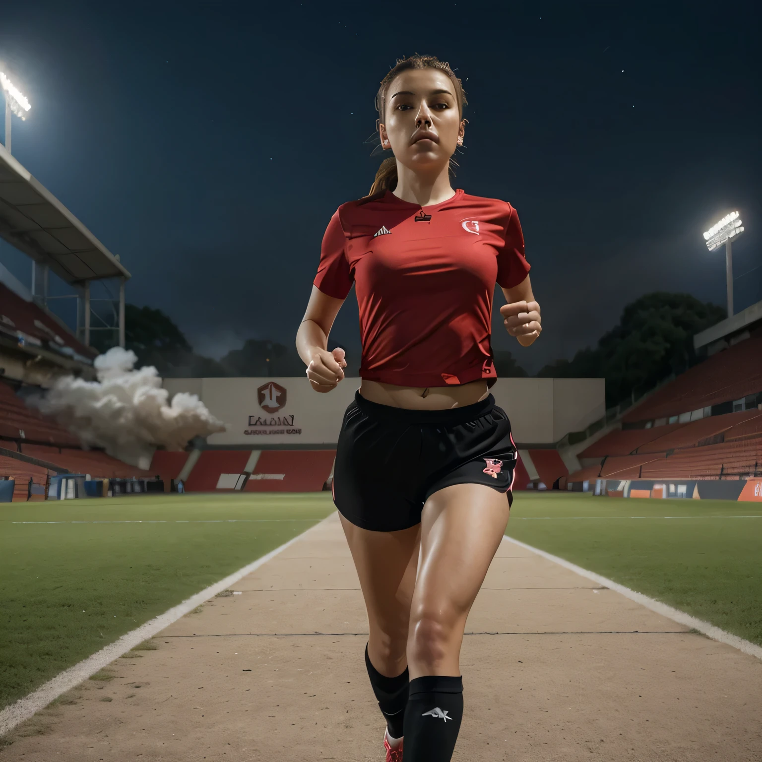 digital concept art of ultra realistic beautiful Albanian woman wearing a sexy red shirt with sexy short black pants, brown ponytail hair, popular face, very healthy, running after (a soccer ball) near foot, inside a stadium, smoky surrounding , in motion, mid air, night, jay anacleto, best quality masterpiece