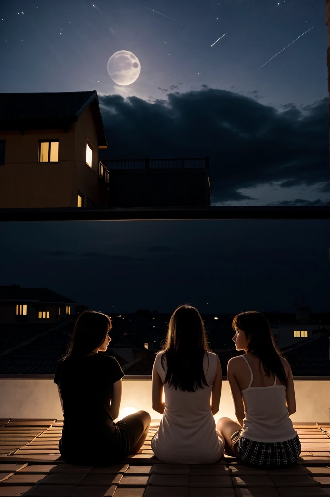 Generate me a picture of three friends sitting on a roof under the moonlight showing only the silhouette of the three while avoiding any facial features